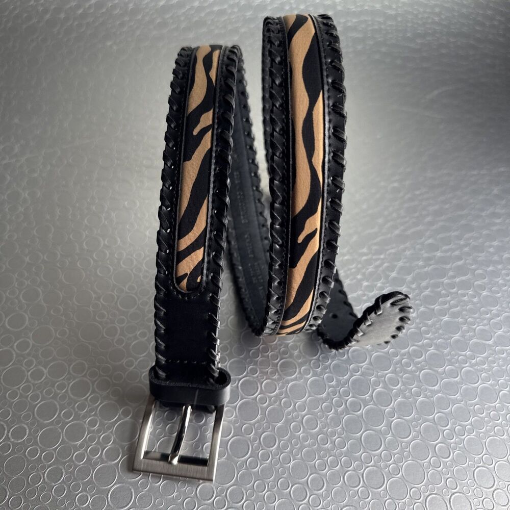 Liz Claiborne Zebra Tiger Print Black Leather Belt Large Braided Whipstitch Edge